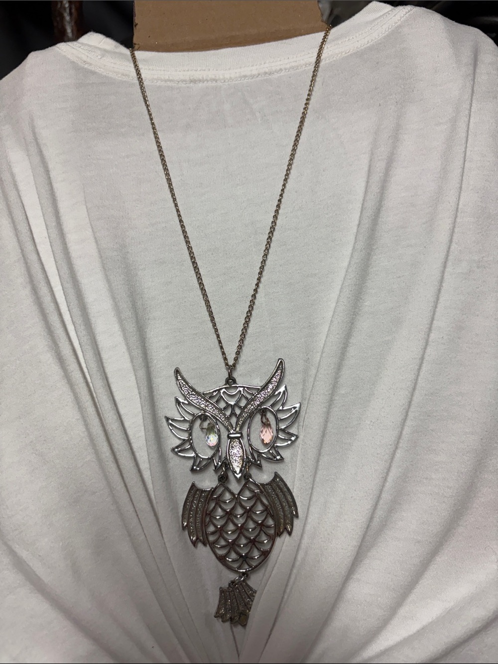 Source Unknown Silver-Tone Owl Pendant Necklace with Iridescent Accents